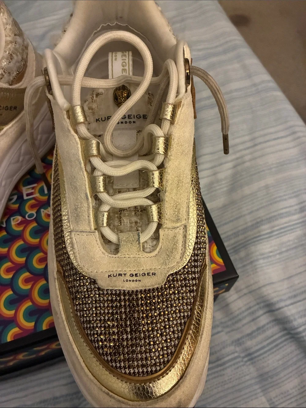 Kurt Geiger Gold and White Platform Sneakers